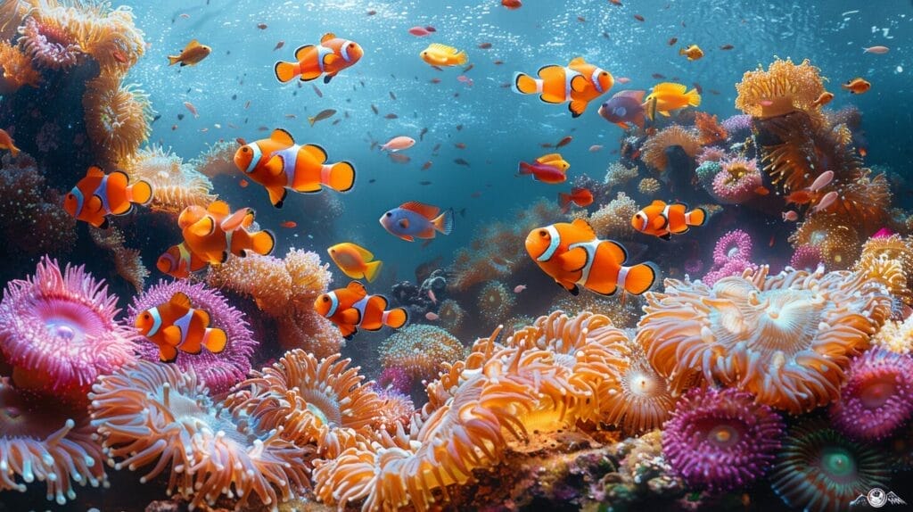 a vibrant coral reef with a variety of clownfish species
