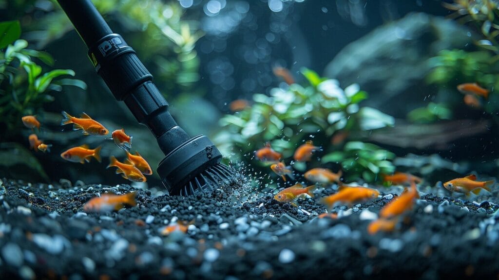 aquarium vacuums in action, efficiently cleaning aquarium gravel and removing debris, with details of their strong suction power and user-friendly design.
