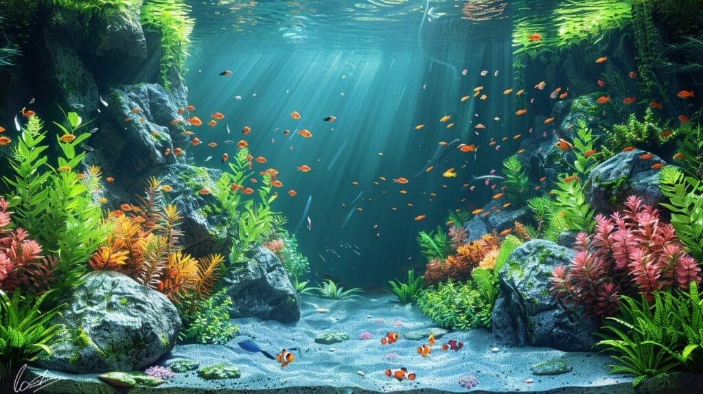image of a fish tank filled with crystal-clear water, vibrant green plants, and healthy fish