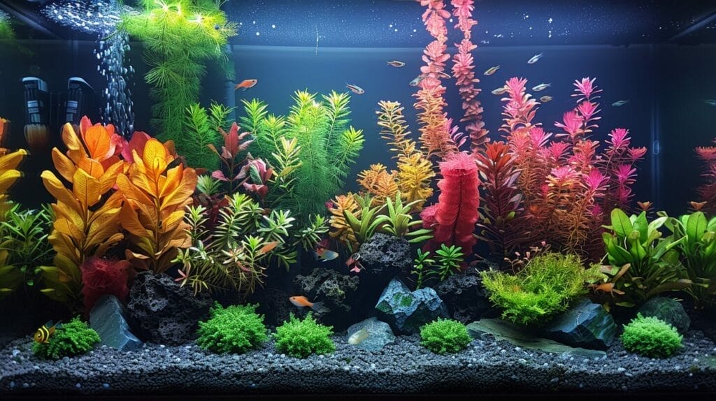 image of a fish tank with a variety of live plants, rocks, and a UV sterilizer to prevent future algae problems