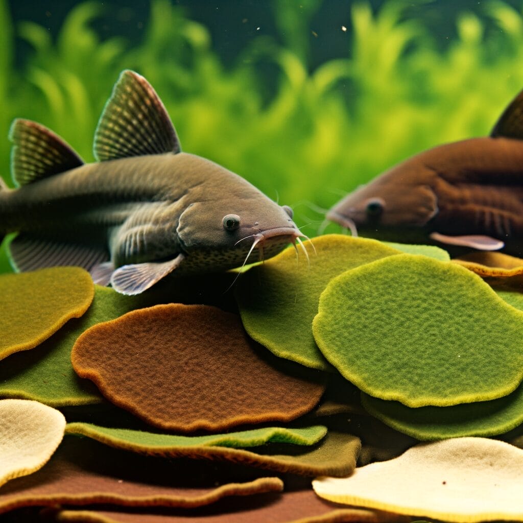 algae wafers of various shapes and colors with grazing Otocinclus catfish.