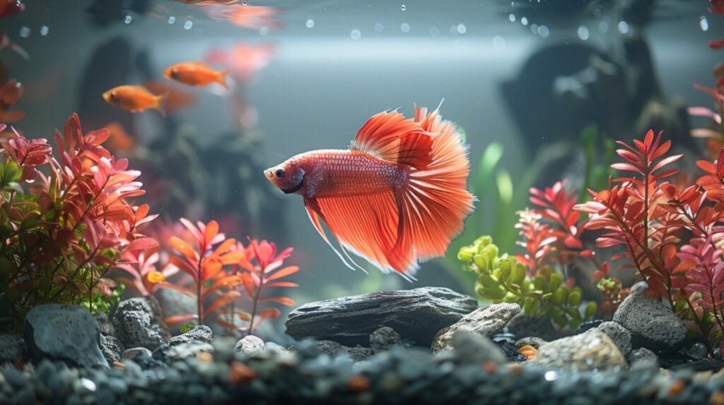 solitary colorful fighting fish in a serene aquarium with vibrant plants and smooth stones, softly lit.