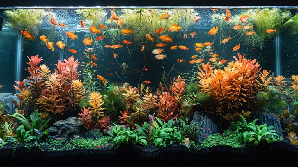 Clear aquarium tank with CO2 injection system, bubbles of CO2 rising, and a variety of thriving aquatic plants.