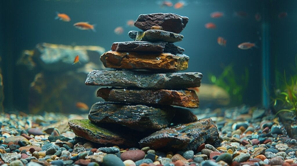 Freshwater aquarium with intricate rock formations in various colors and sizes.