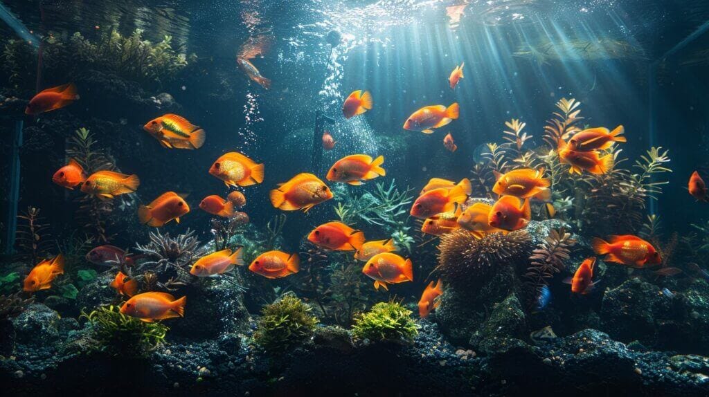 Glowing aquarium in a dark room with various peaceful fish.