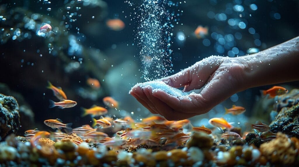 Hand holding a scoop of baking soda above an aquarium, ready to sprinkle it into the water.