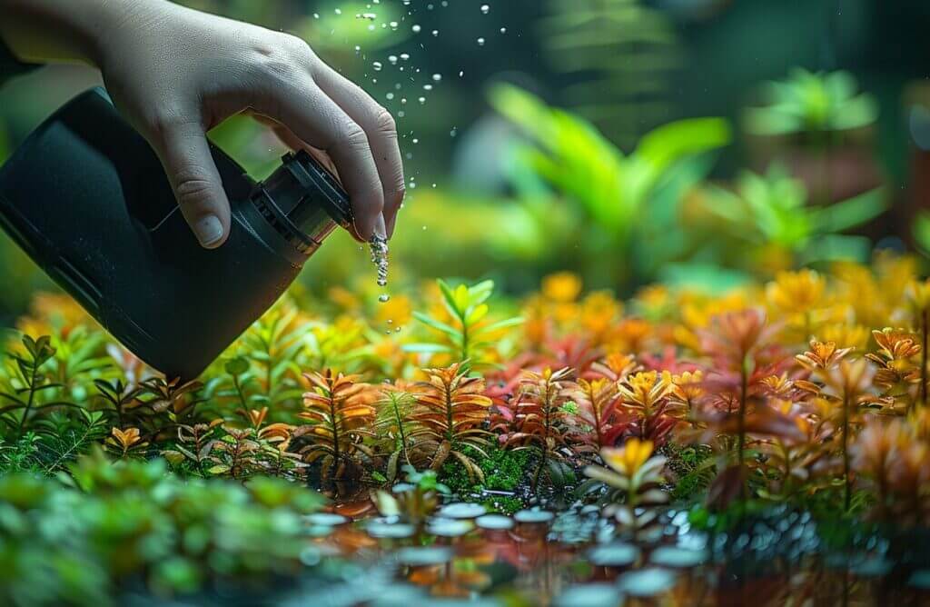 Hand placing CO2 diffuser near vibrant plants in a well-lit aquarium with thermometer and bubbler.
