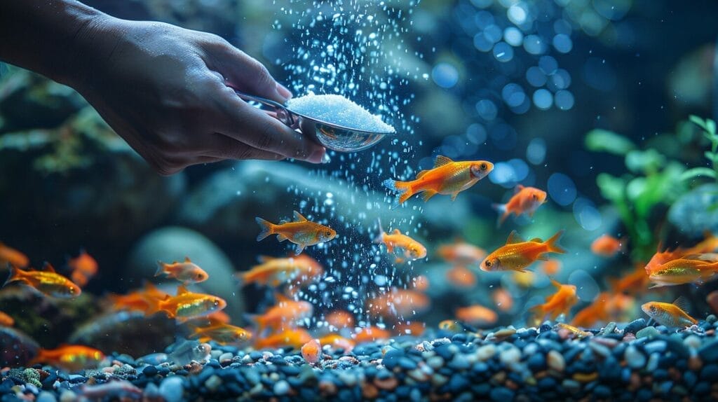 Hand pouring baking soda from a measuring spoon into a small aquarium with peaceful swimming fish.