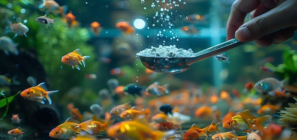 Hand pouring baking soda from a spoon into a fish tank with clear water and colorful fish.