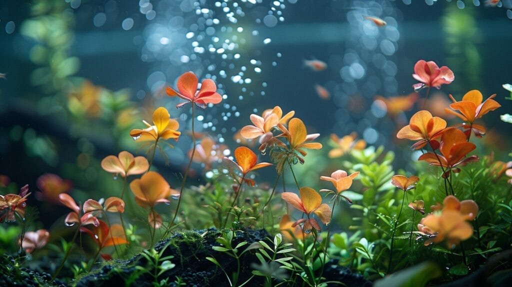 Lush, vibrant aquarium filled with healthy plants and a CO2 injection system with clear tubing dispersing bubbles.