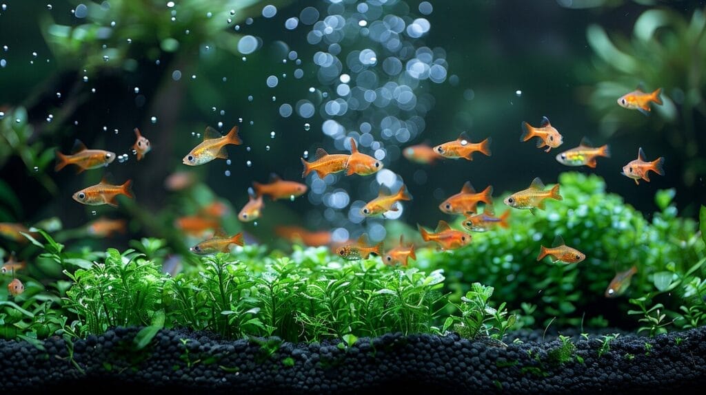 Lush, vibrant planted aquarium with visible CO2 injection system, healthy plant growth, and thriving fish.