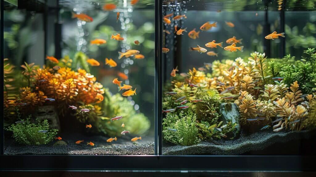 Two aquariums, one lit by natural sunlight, the other by LED lights, with serene fish.