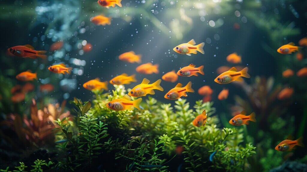 Vibrant aquarium with colorful fish and plants in dim lighting, focusing on a light switch.